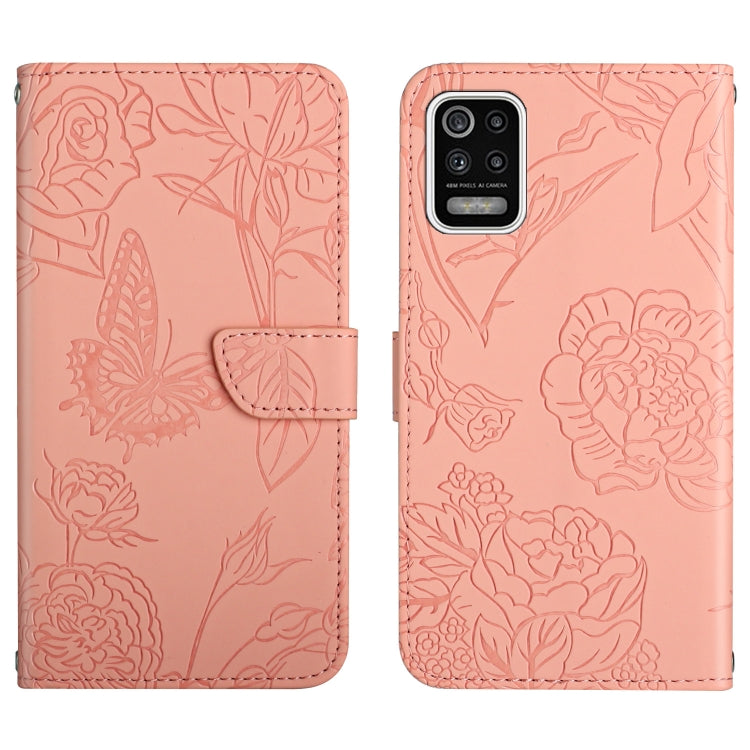 Custodia per cellulare in pelle goffrata con peonia a farfalla, For LG K22, For LG K42, For LG K52, For LG Velvet 2 Pro