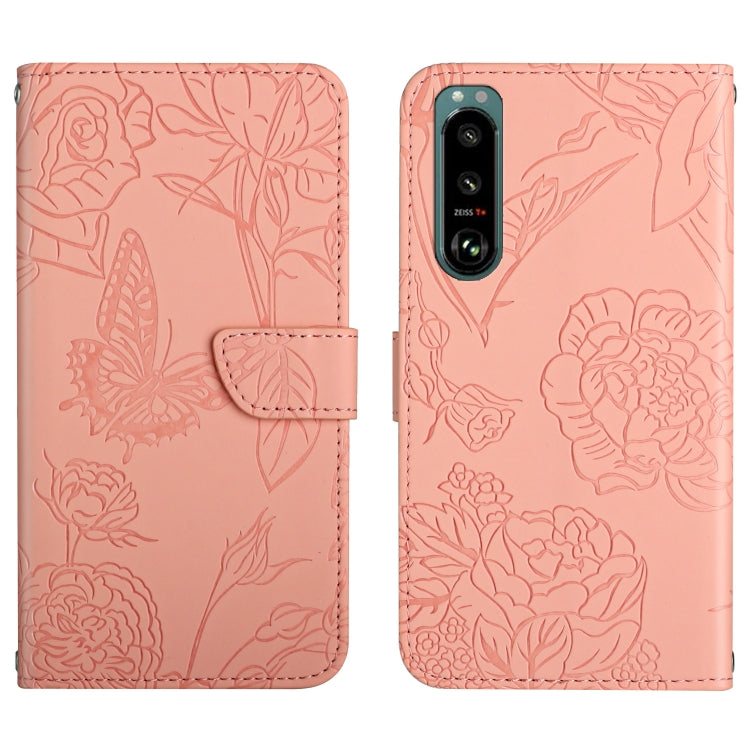 Custodia per cellulare in pelle goffrata con peonia a farfalla, For Sony Xperia 1 III, For Sony Xperia 1 IV, For Sony Xperia 5 III, For Sony Xperia 10 III