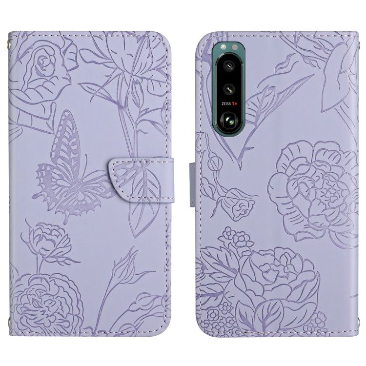 Custodia per cellulare in pelle goffrata con peonia a farfalla, For Sony Xperia 1 III, For Sony Xperia 1 IV, For Sony Xperia 5 III, For Sony Xperia 10 III