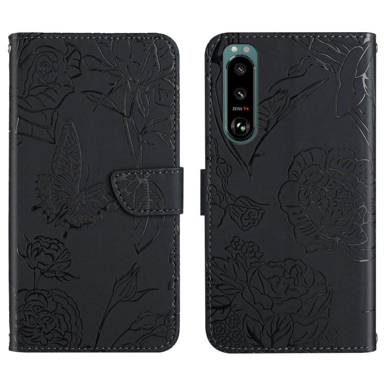 Custodia per cellulare in pelle goffrata con peonia a farfalla, For Sony Xperia 1 III, For Sony Xperia 1 IV, For Sony Xperia 5 III, For Sony Xperia 10 III
