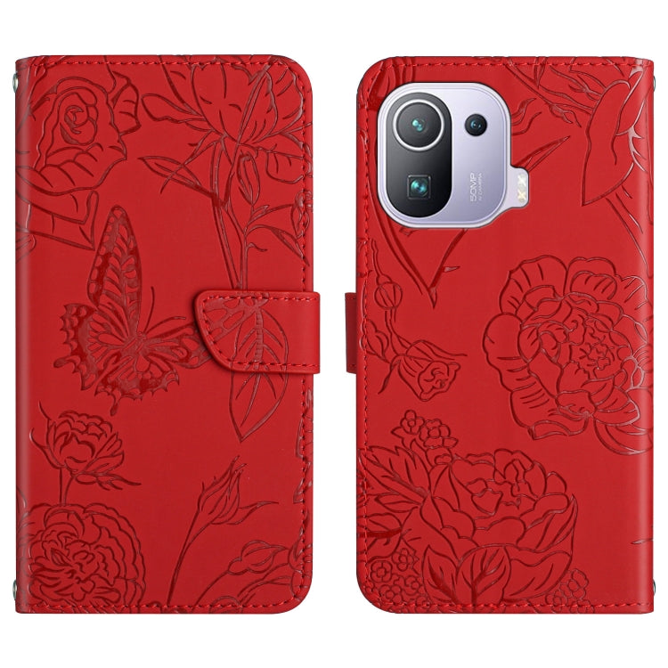 Custodia per cellulare in pelle goffrata con peonia a farfalla, For Xiaomi Mi 11 Pro, For Xiaomi Mi 11 Ultra, For Xiaomi Mi 11T / 11T Pro, For Xiaomi 12 / 12 Pro