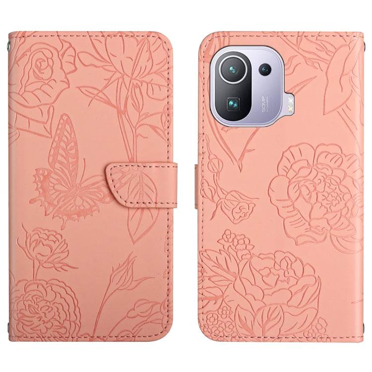 Custodia per cellulare in pelle goffrata con peonia a farfalla, For Xiaomi Mi 11 Pro, For Xiaomi Mi 11 Ultra, For Xiaomi Mi 11T / 11T Pro, For Xiaomi 12 / 12 Pro