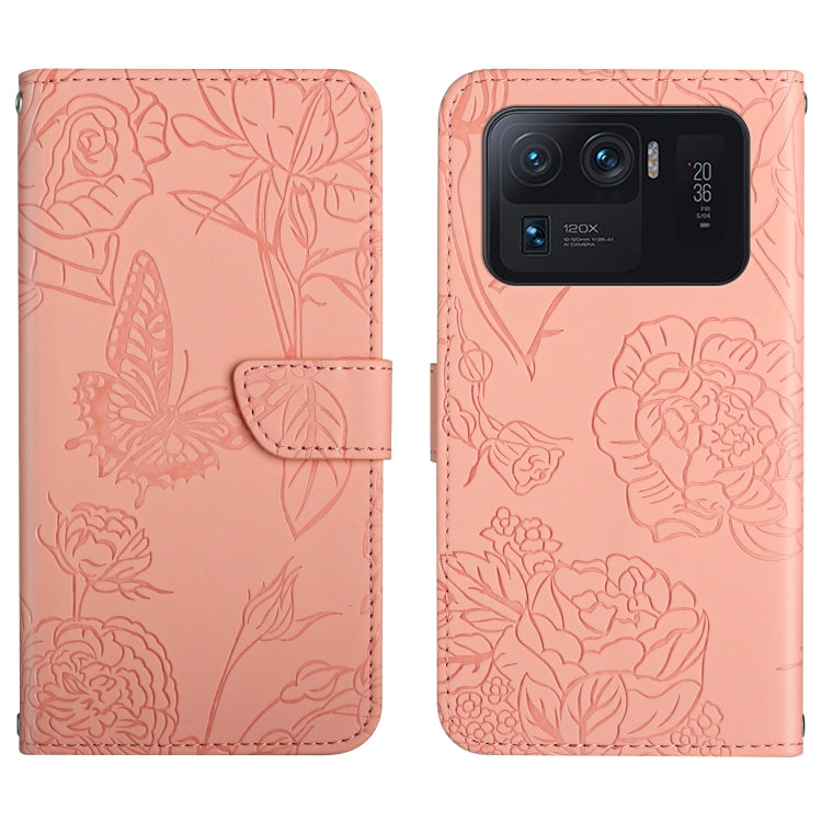 Custodia per cellulare in pelle goffrata con peonia a farfalla, For Xiaomi Mi 11 Pro, For Xiaomi Mi 11 Ultra, For Xiaomi Mi 11T / 11T Pro, For Xiaomi 12 / 12 Pro