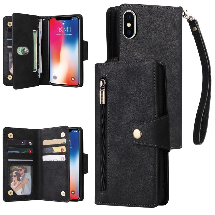 Rivetto Fibbia 9 carte Custodia per telefono in pelle a tre pieghe, For iPhone X/XS, For iPhone XR, For iPhone XS Max, For iPhone 11 Pro Max