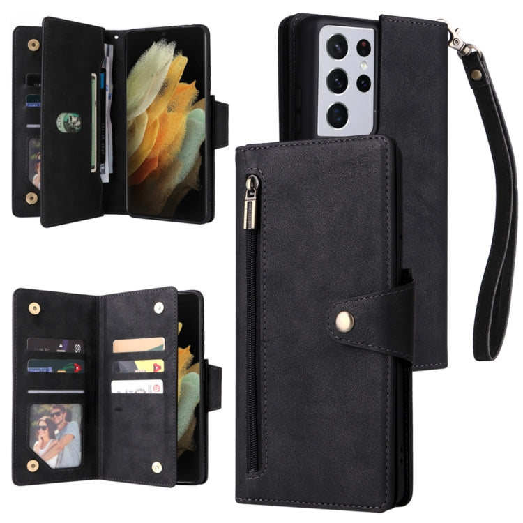 Rivetto Fibbia 9 carte Custodia per telefono in pelle a tre pieghe, For Samsung Galaxy S21 Ultra 5G, For Samsung Galaxy S22, For Samsung Galaxy S22+, For Samsung Galaxy S22 Ultra 5G