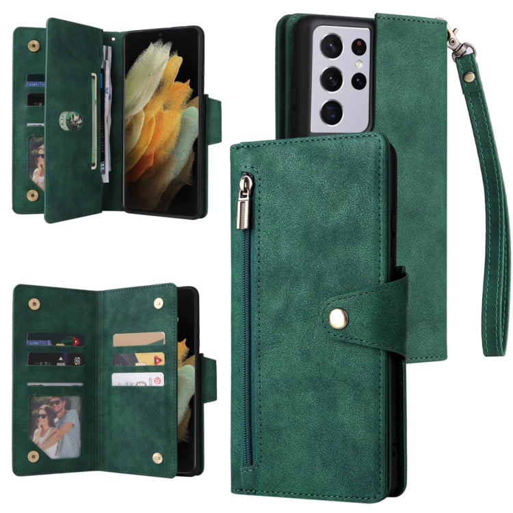 Rivetto Fibbia 9 carte Custodia per telefono in pelle a tre pieghe, For Samsung Galaxy S21 Ultra 5G, For Samsung Galaxy S22, For Samsung Galaxy S22+, For Samsung Galaxy S22 Ultra 5G