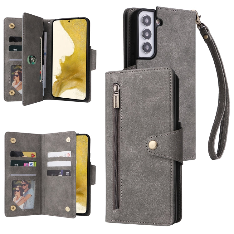 Rivetto Fibbia 9 carte Custodia per telefono in pelle a tre pieghe, For Samsung Galaxy S21 Ultra 5G, For Samsung Galaxy S22, For Samsung Galaxy S22+, For Samsung Galaxy S22 Ultra 5G