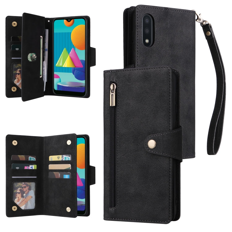 Rivetto Fibbia 9 carte Custodia per telefono in pelle a tre pieghe, For Samsung Galaxy A02, For Samsung Galaxy A03S 166mm, For Samsung Galaxy A10, For Samsung Galaxy A10s