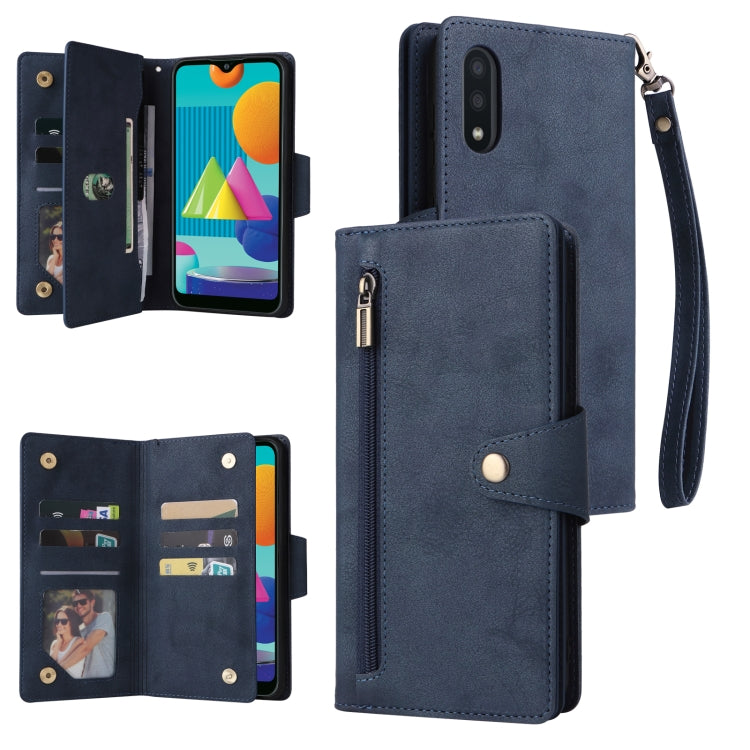 Rivetto Fibbia 9 carte Custodia per telefono in pelle a tre pieghe, For Samsung Galaxy A02, For Samsung Galaxy A03S 166mm, For Samsung Galaxy A10, For Samsung Galaxy A10s