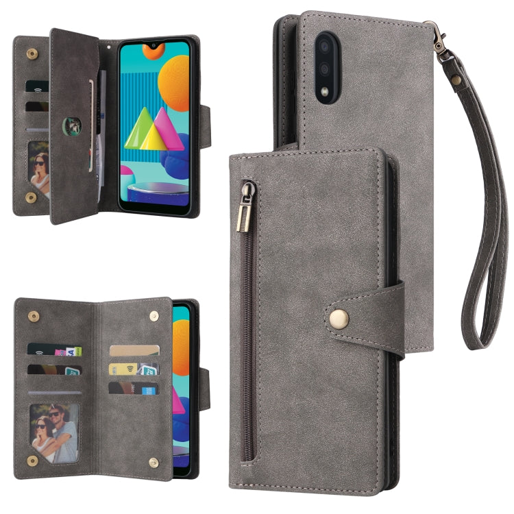 Rivetto Fibbia 9 carte Custodia per telefono in pelle a tre pieghe, For Samsung Galaxy A02, For Samsung Galaxy A03S 166mm, For Samsung Galaxy A10, For Samsung Galaxy A10s