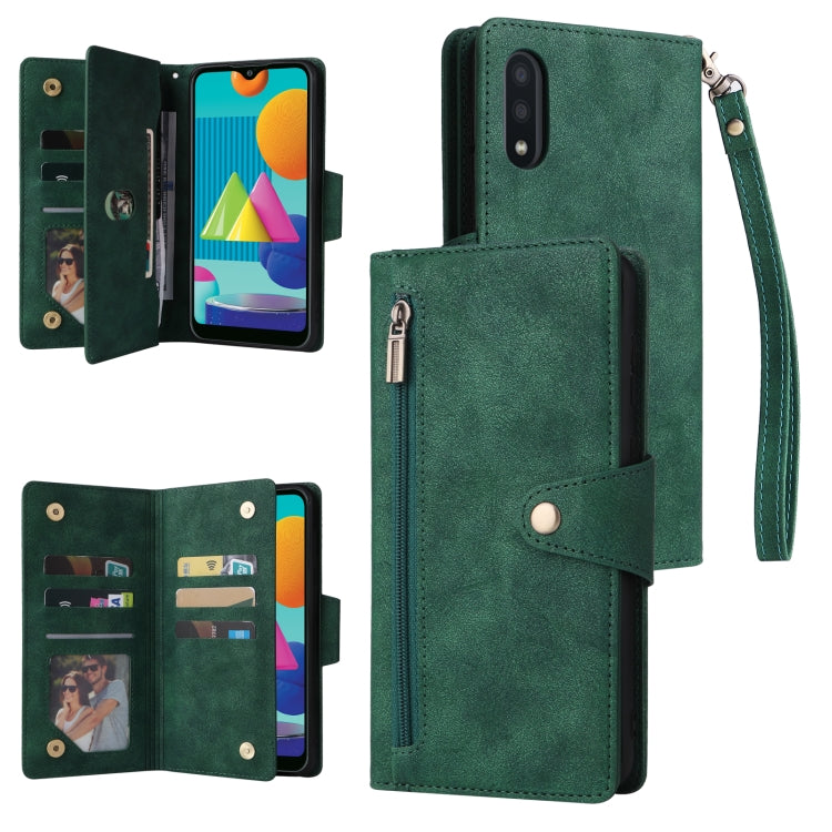 Rivetto Fibbia 9 carte Custodia per telefono in pelle a tre pieghe, For Samsung Galaxy A02, For Samsung Galaxy A03S 166mm, For Samsung Galaxy A10, For Samsung Galaxy A10s