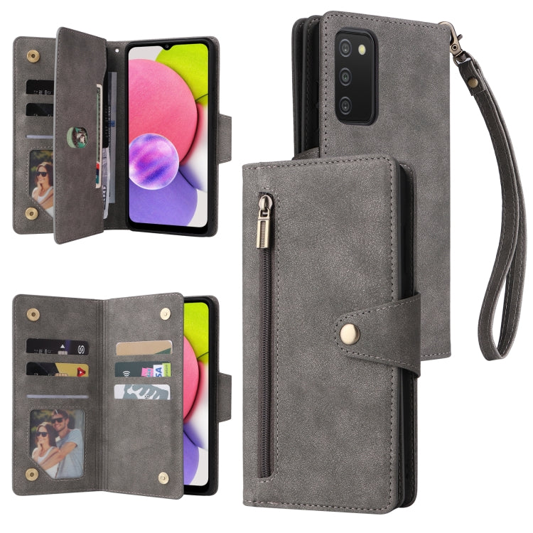 Rivetto Fibbia 9 carte Custodia per telefono in pelle a tre pieghe, For Samsung Galaxy A02, For Samsung Galaxy A03S 166mm, For Samsung Galaxy A10, For Samsung Galaxy A10s