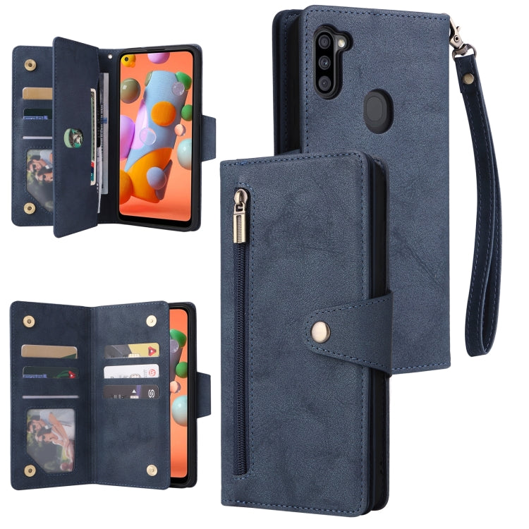 Rivetto Fibbia 9 carte Custodia per telefono in pelle a tre pieghe, For Samsung Galaxy A11 EU Version, For Samsung Galaxy A12 5G, For Samsung Galaxy A13 5G, For Samsung Galaxy A20
