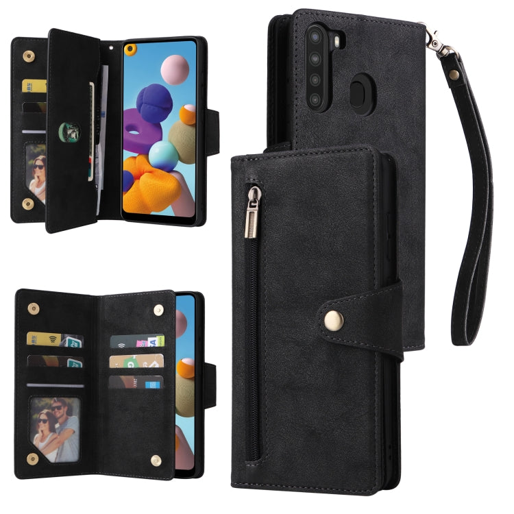 Rivetto Fibbia 9 carte Custodia per telefono in pelle a tre pieghe, For Samsung Galaxy A20E, For Samsung Galaxy A20S, For Samsung Galaxy A21 EU Version, For Samsung Galaxy A21S
