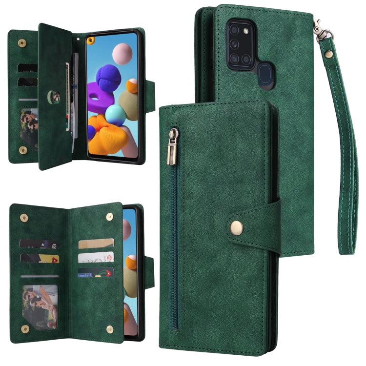 Rivetto Fibbia 9 carte Custodia per telefono in pelle a tre pieghe, For Samsung Galaxy A20E, For Samsung Galaxy A20S, For Samsung Galaxy A21 EU Version, For Samsung Galaxy A21S