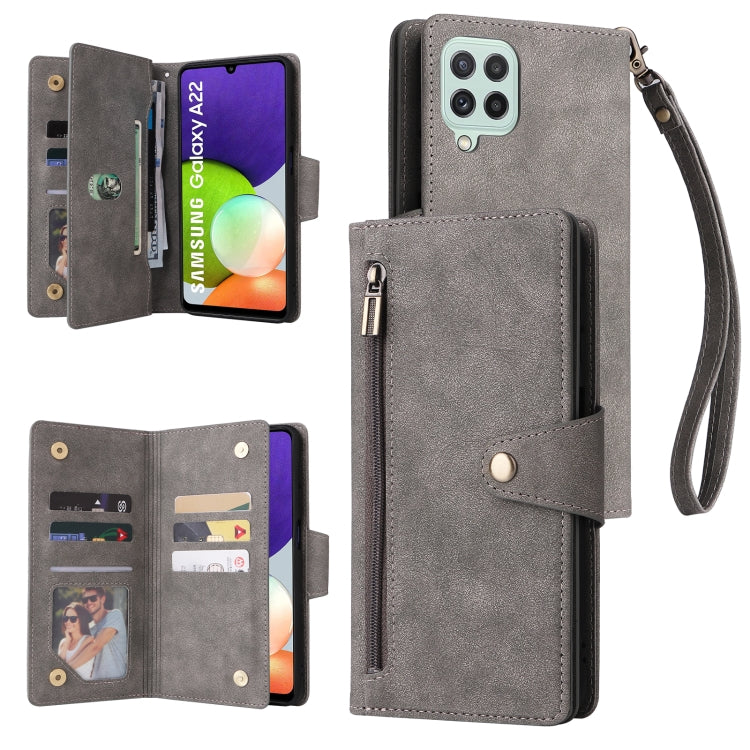Rivetto Fibbia 9 carte Custodia per telefono in pelle a tre pieghe, For Samsung Galaxy A22 4G, For Samsung Galaxy A22 5G, For Samsung Galaxy A32 4G, For Samsung Galaxy A32 5G