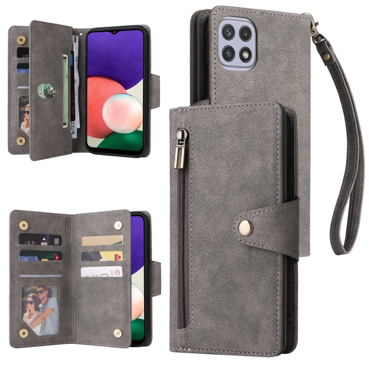 Rivetto Fibbia 9 carte Custodia per telefono in pelle a tre pieghe, For Samsung Galaxy A22 4G, For Samsung Galaxy A22 5G, For Samsung Galaxy A32 4G, For Samsung Galaxy A32 5G