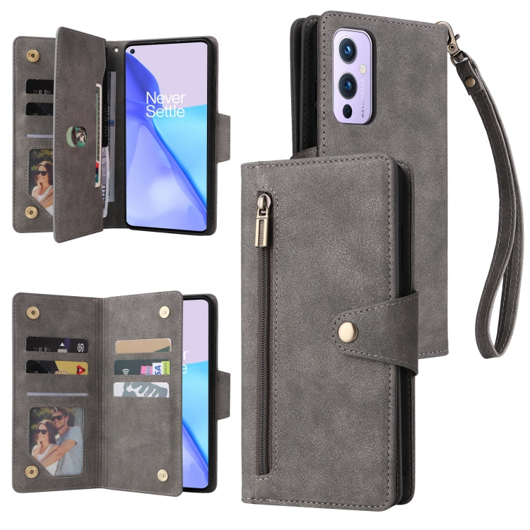 Rivetto Fibbia 9 carte Custodia per telefono in pelle a tre pieghe, For OnePlus 9, For OnePlus 9 Pro, For OnePlus Nord 2