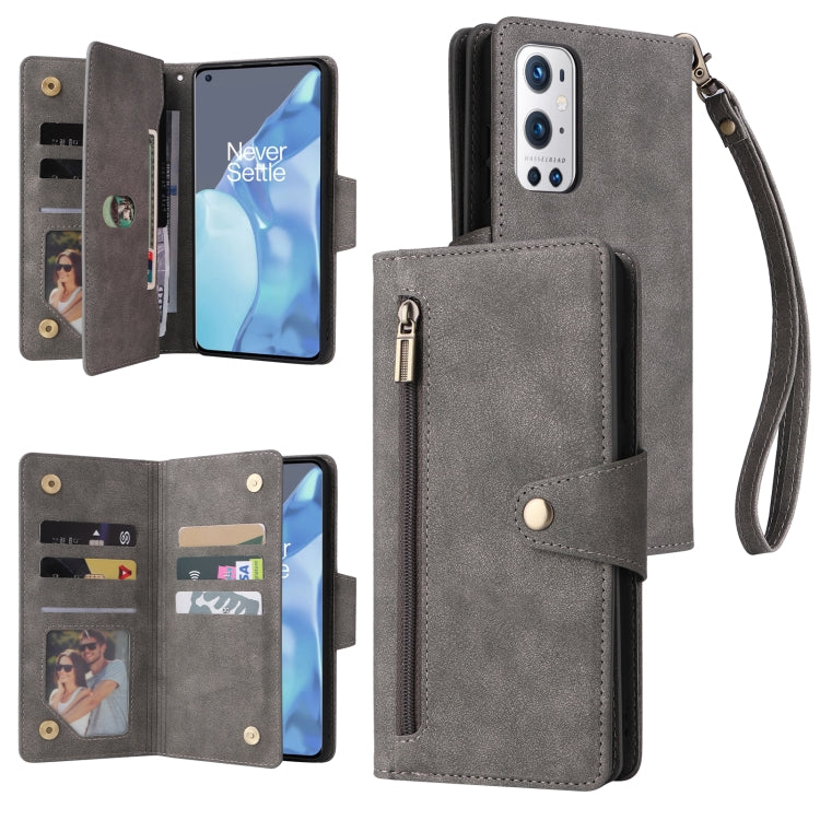 Rivetto Fibbia 9 carte Custodia per telefono in pelle a tre pieghe, For OnePlus 9, For OnePlus 9 Pro, For OnePlus Nord 2