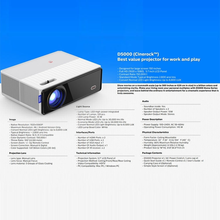 Vivibright D5000 Proiettore LCD LED Full HD 6000 Lumens