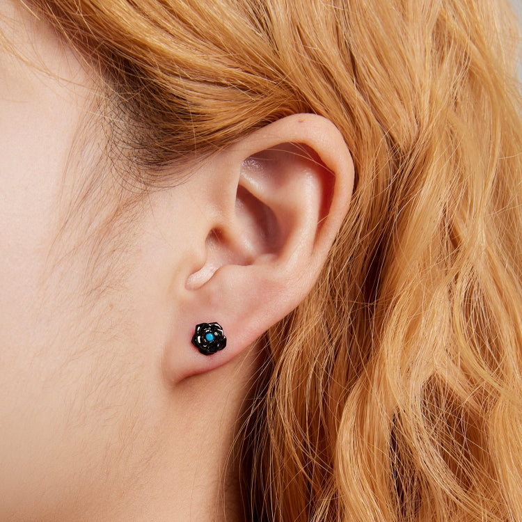 Orecchini da donna con bottone a pressione in argento sterling S925 con rosa nera, Black Rose