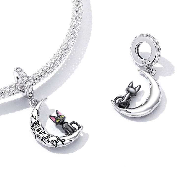 Accessori per collana braccialetto fai-da-te con ciondolo gatto nero luna in argento sterling S925, Moon Black Cat