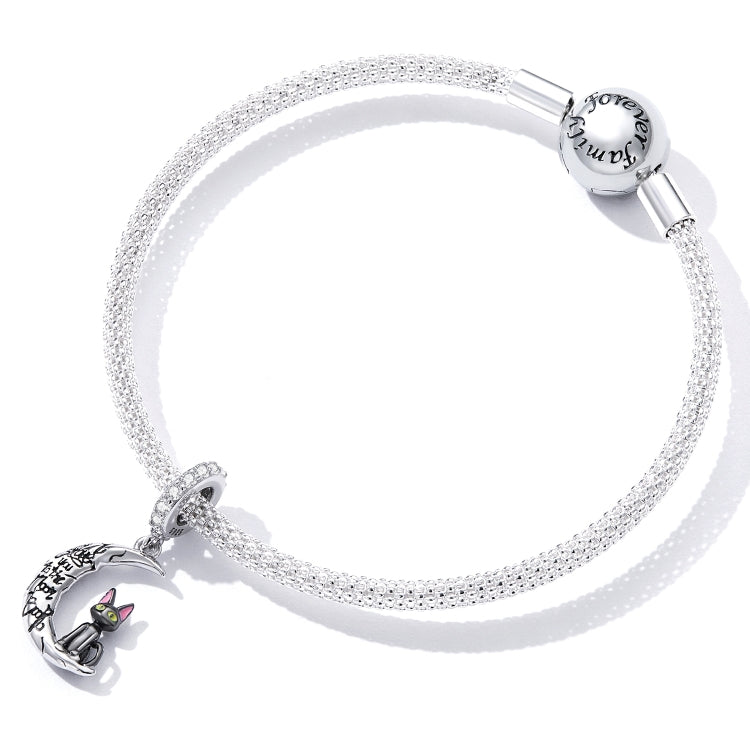 Accessori per collana braccialetto fai-da-te con ciondolo gatto nero luna in argento sterling S925, Moon Black Cat