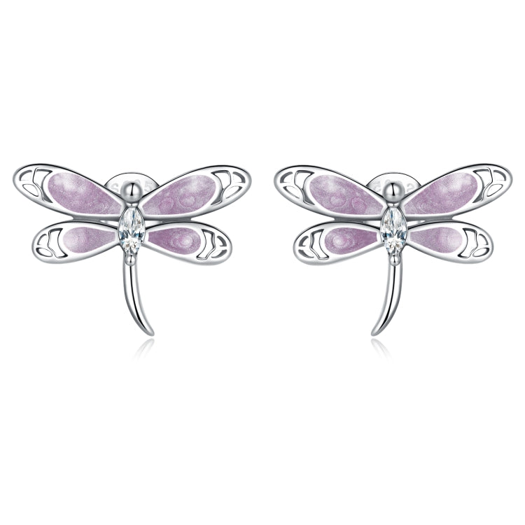 Orecchini da donna con bottone a forma di libellula rosa in argento sterling S925, Pink Dragonfly