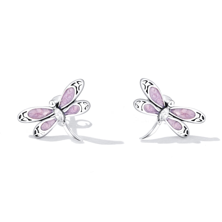 Orecchini da donna con bottone a forma di libellula rosa in argento sterling S925, Pink Dragonfly