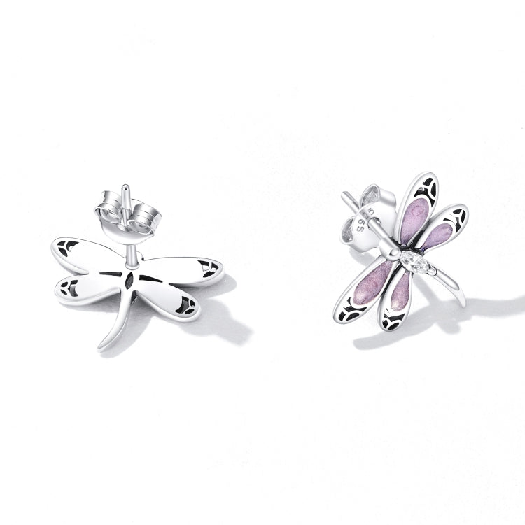 Orecchini da donna con bottone a forma di libellula rosa in argento sterling S925, Pink Dragonfly