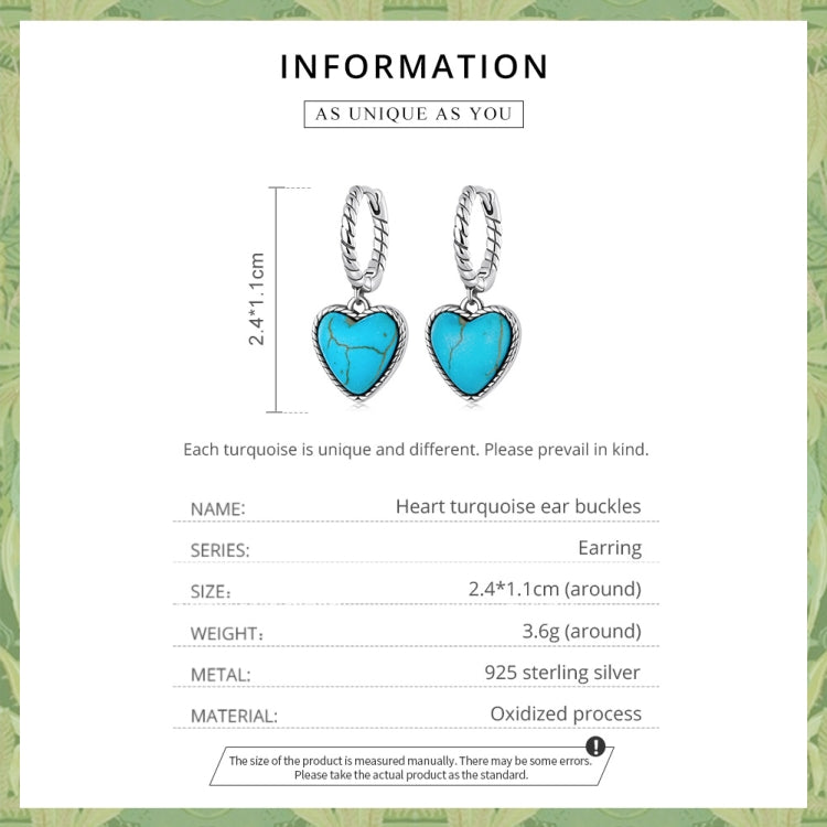 Orecchini da donna con fibbia per orecchio turchese a cuore in argento sterling S925, Heart Turquoise