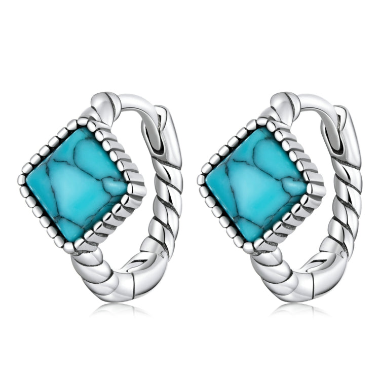 Orecchini da donna con fibbia auricolare quadrata turchese in argento sterling S925, Square Turquoise