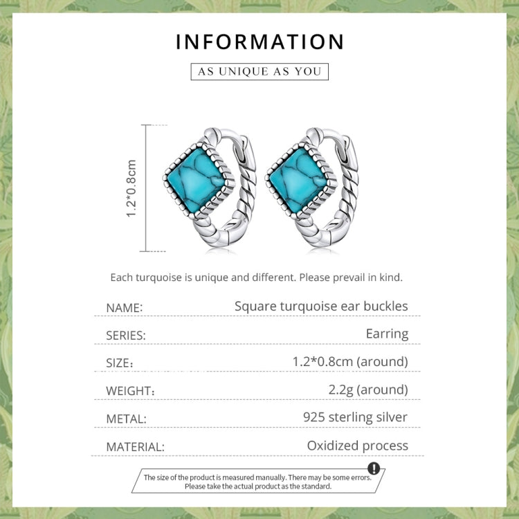 Orecchini da donna con fibbia auricolare quadrata turchese in argento sterling S925, Square Turquoise