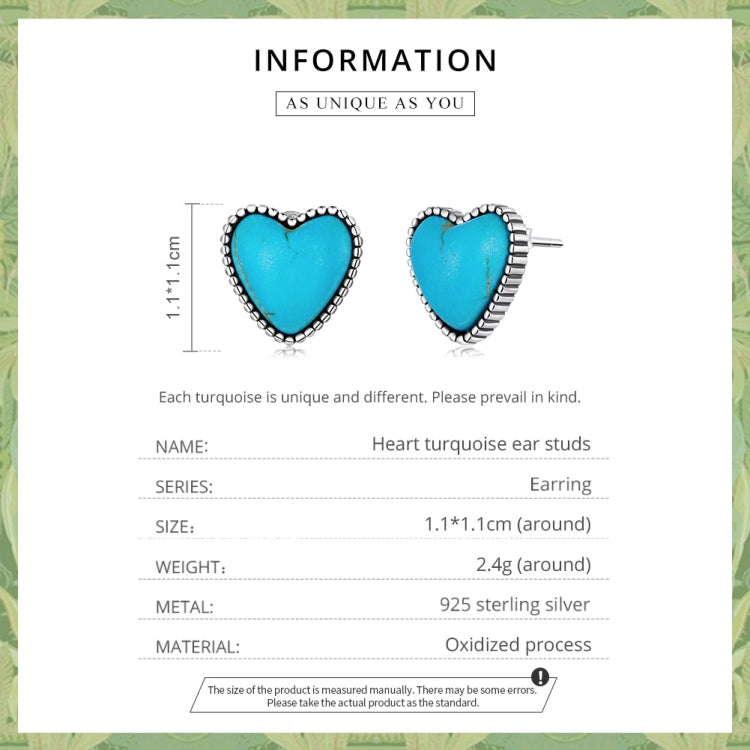 Orecchini da donna con bottone a pressione turchese a cuore in argento sterling S925, Heart Turquoise Ear Stud