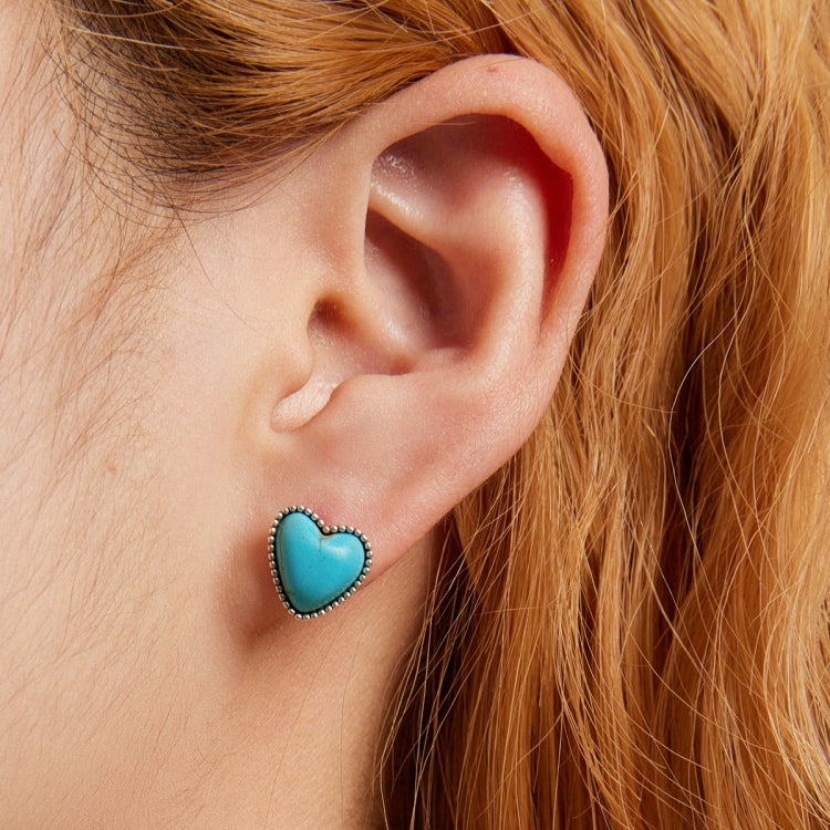 Orecchini da donna con bottone a pressione turchese a cuore in argento sterling S925, Heart Turquoise Ear Stud