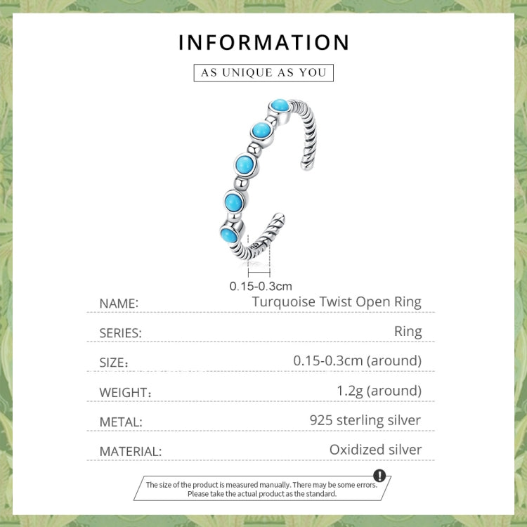 Anello aperto da donna twist in argento sterling S925 con turchese, Turquoise Twist