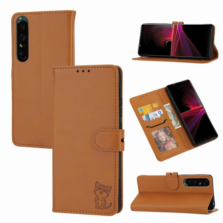 Custodia per telefono in pelle con motivo Happy Cat goffrato, For Sony Xperia 1 IV, For Sony Xperia 10 IV, For Xiaomi Redmi Note 11E