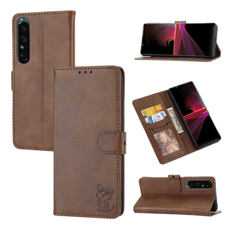 Custodia per telefono in pelle con motivo Happy Cat goffrato, For Sony Xperia 1 IV, For Sony Xperia 10 IV, For Xiaomi Redmi Note 11E