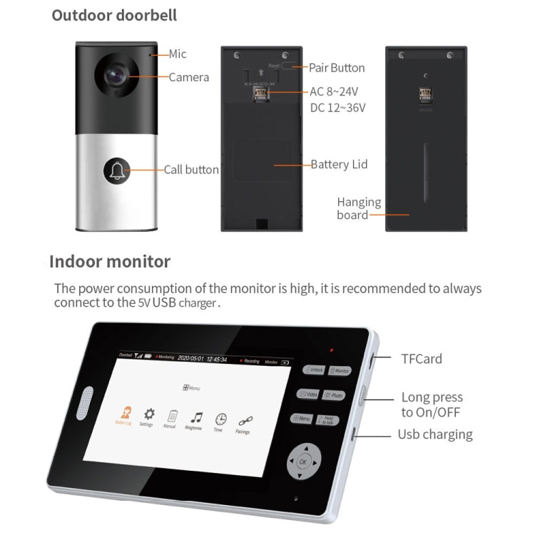Campanello video wireless 2.4G 720P con visione notturna