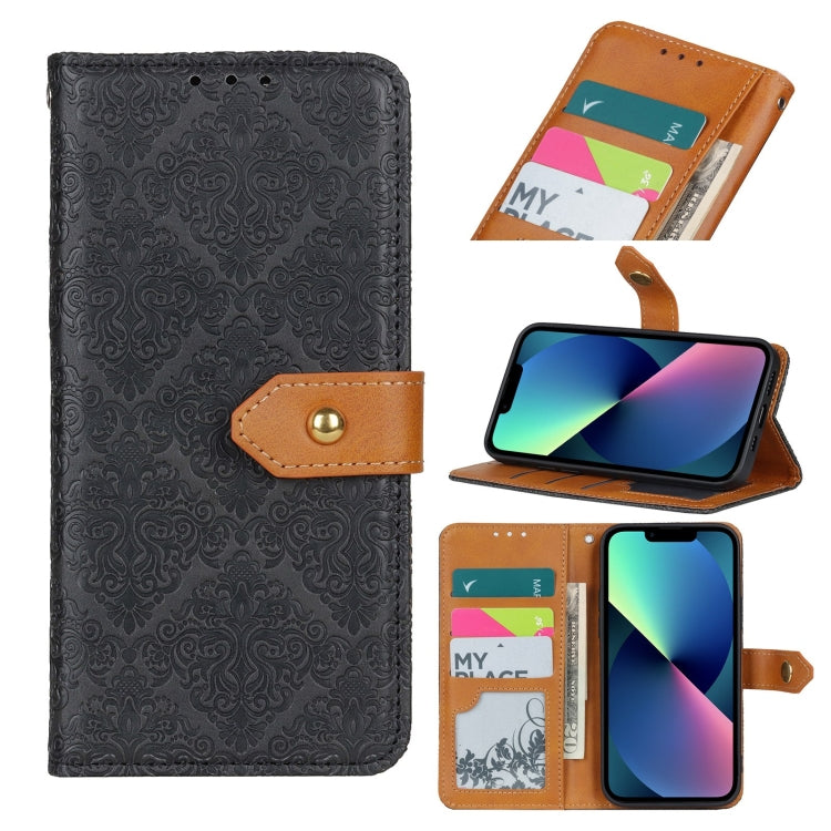 Custodia per telefono in pelle PU con vibrazione orizzontale in rilievo floreale europeo con fibbia in rame, For iPhone 14, For iPhone 14 Plus, For iPhone 14 Pro, For iPhone 14 Pro Max