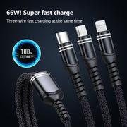 6A 66W 3 in 1 da USB a 8 pin + Micro USB + USB-C / Type-CF Cavo dati intrecciato per ricarica rapida, USB to 8 Pin+Micro USB+Type-C