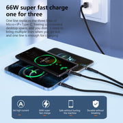 6A 66W 3 in 1 da USB a 8 pin + Micro USB + USB-C / Type-CF Cavo dati intrecciato per ricarica rapida, USB to 8 Pin+Micro USB+Type-C