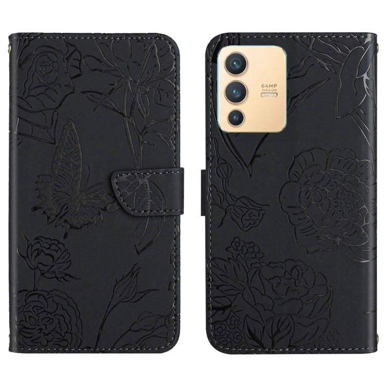 Custodia per cellulare in pelle goffrata con peonia a farfalla, For vivo V23 5G