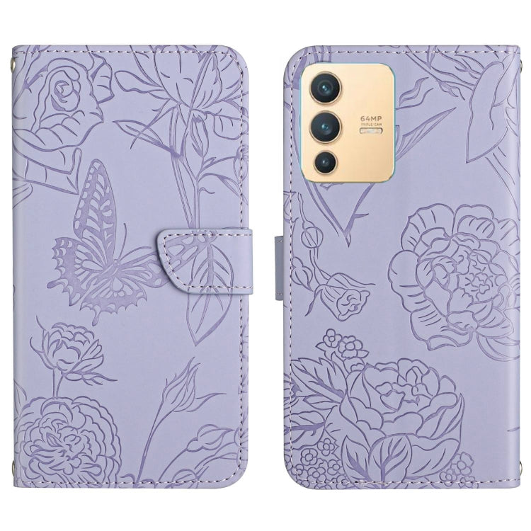 Custodia per cellulare in pelle goffrata con peonia a farfalla, For vivo V23 5G