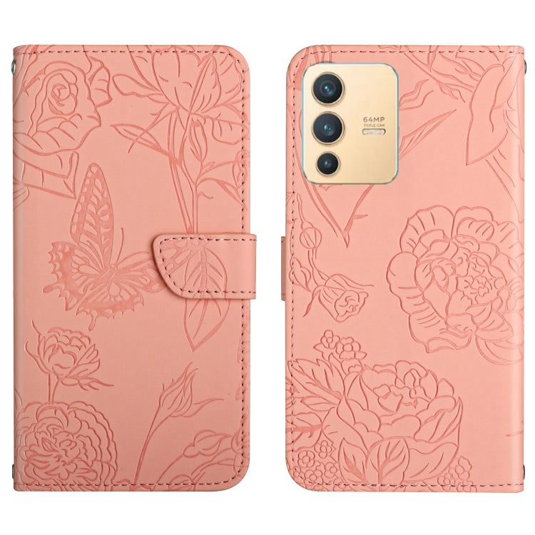 Custodia per cellulare in pelle goffrata con peonia a farfalla, For vivo V23 5G