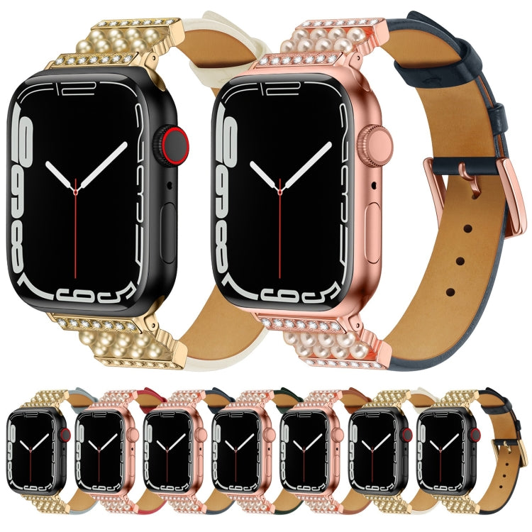 Cinturino in pelle con diamanti perlati per la serie Apple Watch, 7 41mm / 6&SE&5&4 40mm / 3&2&1 38mm, 7 45mm / 6&SE&5&4 44mm / 3&2&1 42mm