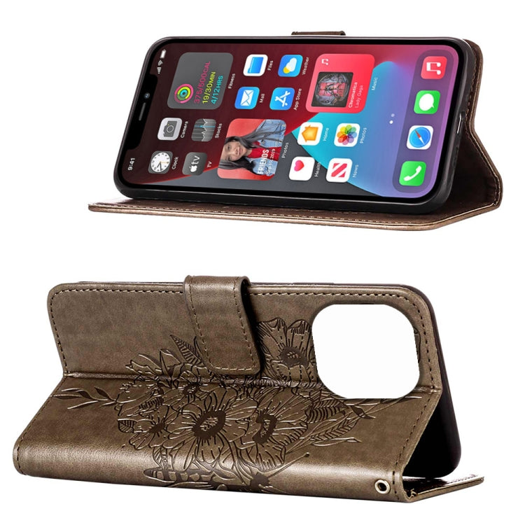 Custodia portafoglio in pelle con farfalla goffrata per iPhone 14