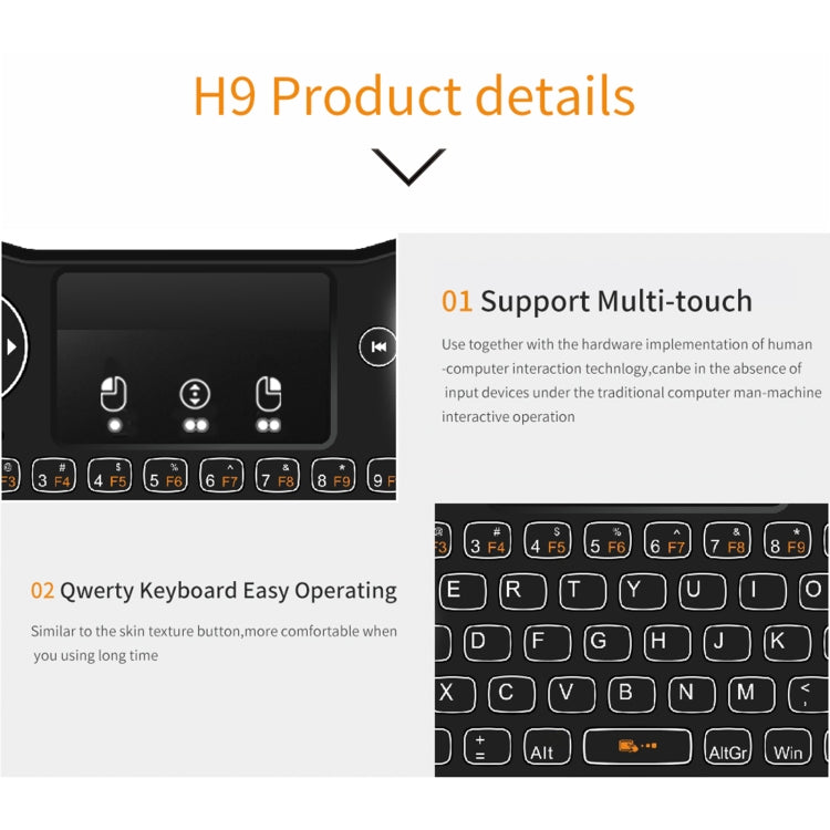 Tastiera QWERTY H9 2.4GHz Mini Wireless Air Mouse con retroilluminazione bianca e touchpad per PC, TV, with White Backlight