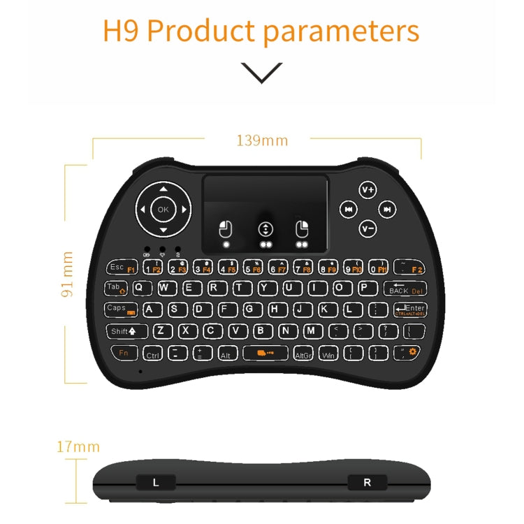 Tastiera QWERTY H9 2.4GHz Mini Wireless Air Mouse con retroilluminazione bianca e touchpad per PC, TV, with White Backlight
