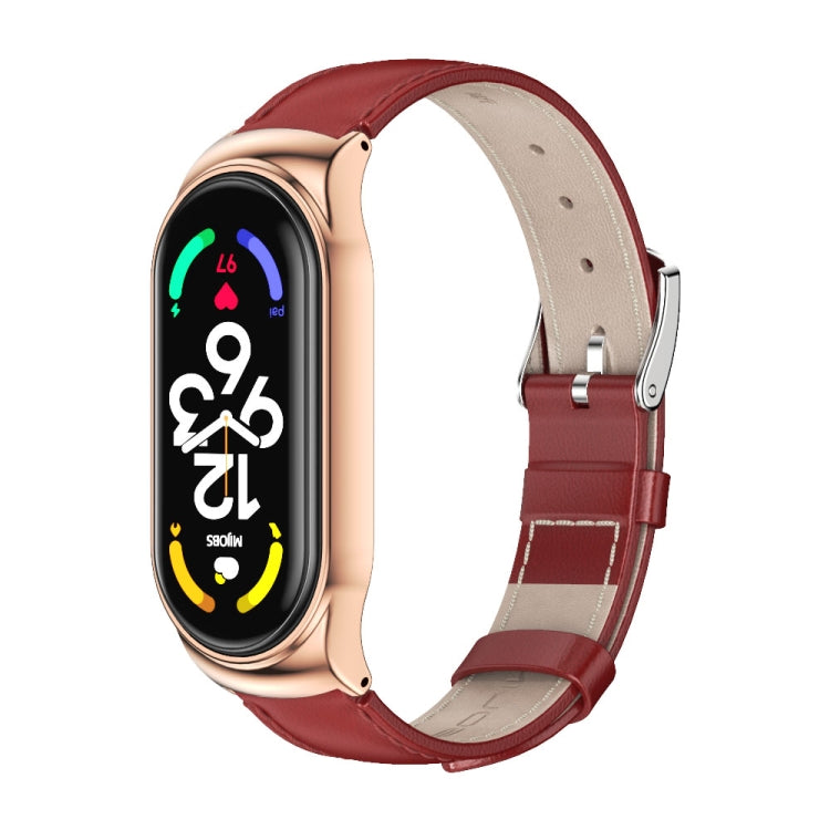 MIJOBS CS Custodia in metallo Cinturino per orologio in pelle bovina con strato superiore in vera pelle, For Xiaomi Mi Band 7 / 7 NFC
